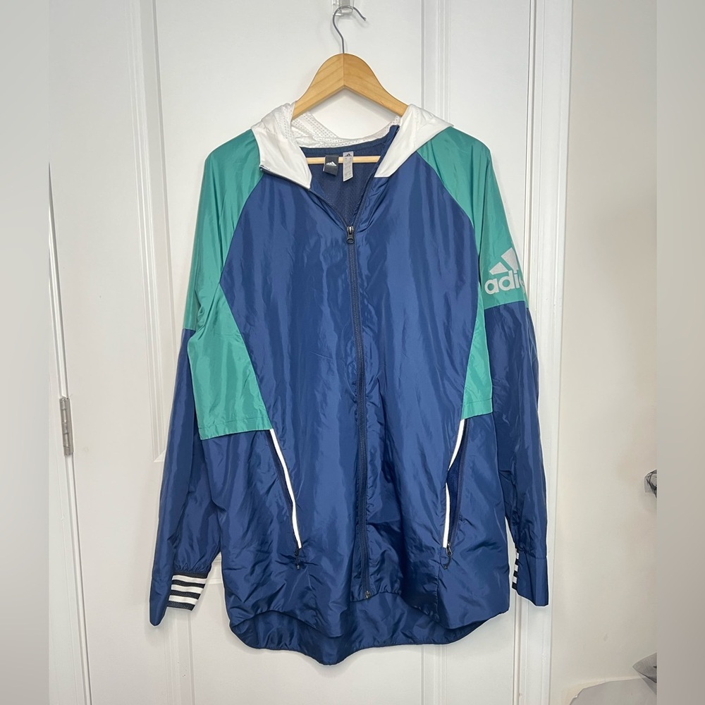 Adidas Full Zip Windbreaker Jacket Men’s L Green Blue Colorblock Hooded